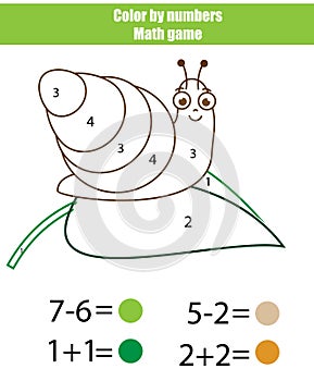 Children educational game. Mathematics actvity. Color by numbers, printable worksheet. Coloring page with snail