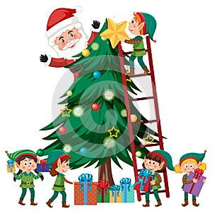 Children in elf costume and Santa Claus decorating Christmas tree