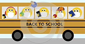 Children emoji wearing face masks on yellow school bus. Back to school text.