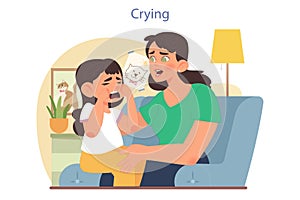 Children emotions. Little girl crying on her mom's laps. Concerned mother