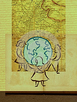 Children encircling a globe with a map