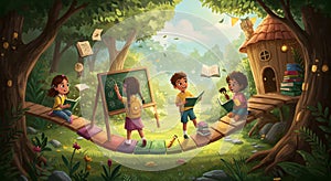 Whimsical Outdoor Learning Adventure with Diverse Children