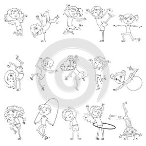 Children are engaged in different kinds of sports. Fitness. Dancing breakdance. Coloring book photo