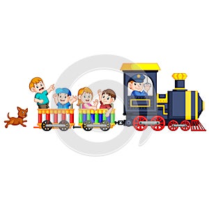 The children and engineer of locomotive get into the train and the dog follow them at the back