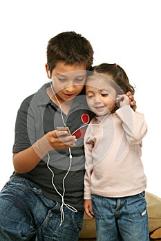 Children enjoying a mp4 player photo