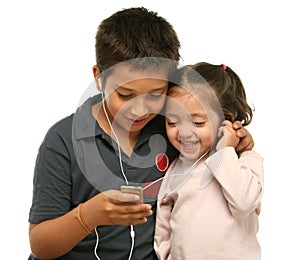 Children enjoying a mp4 player photo