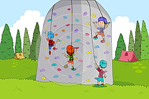 Children enjoying summer camp rock climbing activities