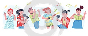Children explore music through singing and playing instruments, vector isolated