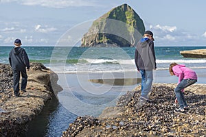 Children explorying tidepools at Pacific City Oregon