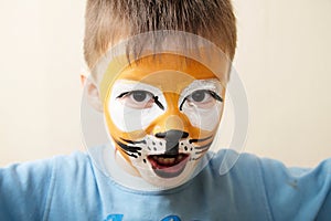 Children face painting. Boy painted as tiger or ferocious lion by make up artist. Preparing for theatrical performance