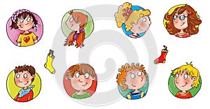 Children faces with colored backgrounds avatar funny comic Button icon to sites