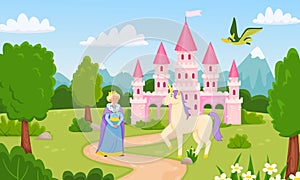 Children fairy tale vector illustration. Medieval pink castle with queen and fictional unicorn, flying dragon. Royal