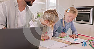 Children, family and learning with girls drawing with colors and paper at kitchen table with dad helping, teaching and