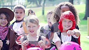 Children In Fancy Costume Dress Going Trick Or Treating