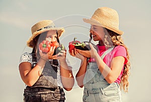 children farming. autumn harvest. small girls vegetable. Only natural. healthy food is happy life. kids on summer farm