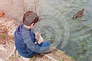 Children feeding geese in the pond. Caring for animals.