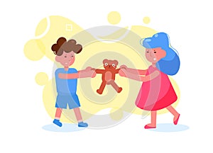 Children fight for a toy Vector. Cartoon. Isolated art on white background. Flat