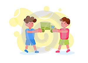 Children fight for a toy Vector. Cartoon. Isolated art on white background. Flat