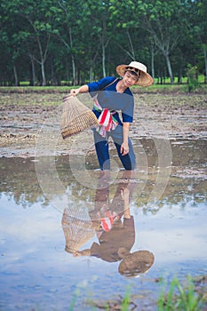 Children finding fish on tradition tool for catch fish photo