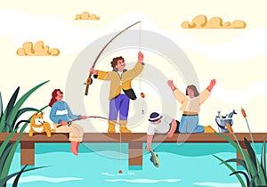 Children fishermen. Child fishing, happy kids catch fish on lake or river pier, cartoon angler boy son funny fisher girl