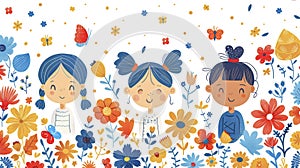 Children and flowers drawn with paint on a white background.