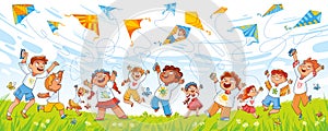 Children fly kites into the sky. Funny cartoon character
