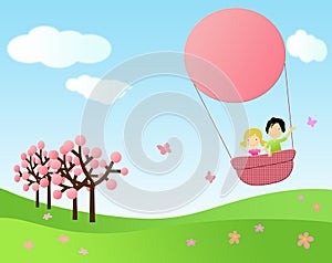 Children flying in a hot air balloon