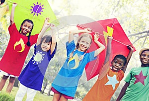 Children Flying Kite Playful Friendship Concept