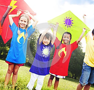 Children Flying Kite Playful Friendship Concept