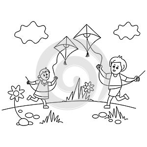 Children Flying Kites Coloring Page