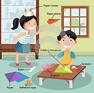 Children folding the paper, with vocabulary
