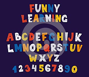 Children font. Cartoon comic kid s typeface. English uppercase letters and numbers. Alphabetical set. Decorative doodle