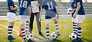 Children on Football Training. Young Footballers Listening Coach`s Pregame Speech