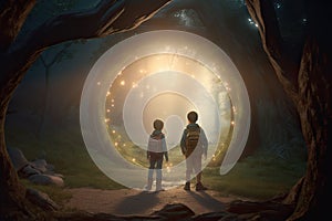 Children in the forest in front of round portal to fantasy dimensions. Generative AI