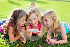 Children friend girls playing internet with smartphone