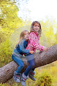 Přátelé dívky na borovice strom 