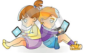 Children with gadgets, boy and laptop, girl reads tablet, vector