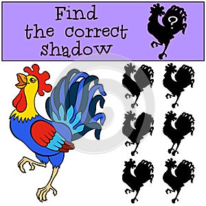 Children games: Find the correct shadow. Cute beautiful rooster.