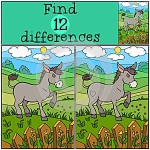 Children games: Find differences. Cute donkey.