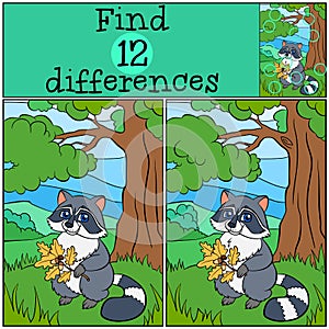 Children games: Find differences. Cute little raccoon.