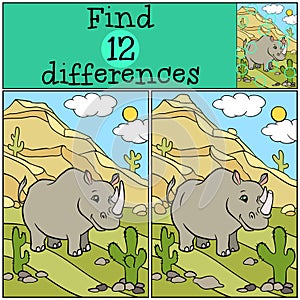 Children games: Find differences. Cute little rhinoceros.