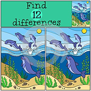 Children games: Find differences. Group of little cute dolphins