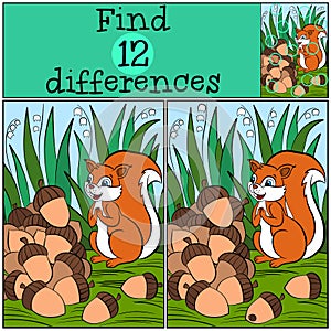 Children games: Find differences. Little cute squirrel.