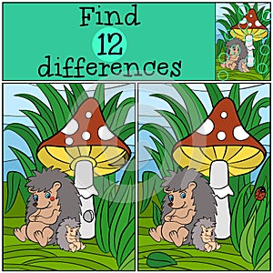 Children games: Find differences. Mother hedgehog seets and her cute baby hedgehog. photo