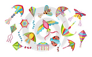 Children games paper flying kites toys set. Flying wind playthings for summer outdoor activity