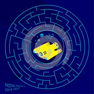 Children games. Round maze, labyrinth. Underwater adventures. Yellow exploration underwater robot is lost in maze. Vector