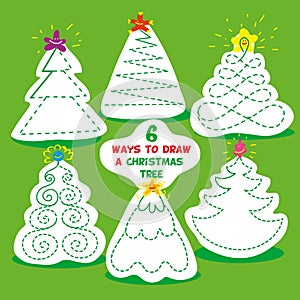 Children games. six different ways to draw Christmas tree. Use pencil and draw each Christmas tree in specified way