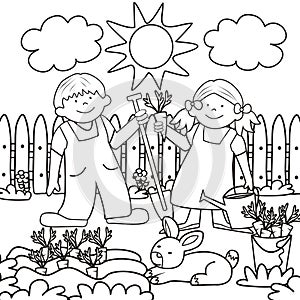 Children in the garden with rabbit, coloring book, eps.