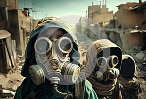 children in gas masks, postapocalypse after nuclear war. photo