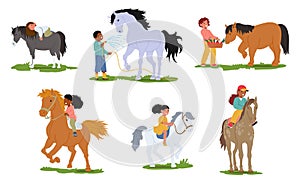 Children Gently Grooming And Caring For Horses, Feeding, Washing, Riding Horseback, Laughter Echoing In The Stable
